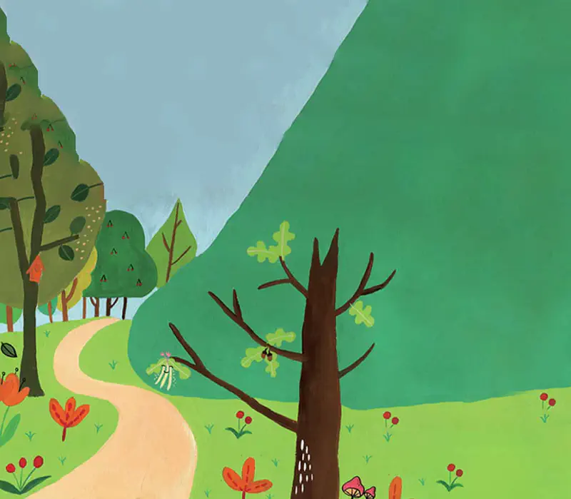 Peaceful landscape with winding path, oak tree with small flower, green hills and red tulips