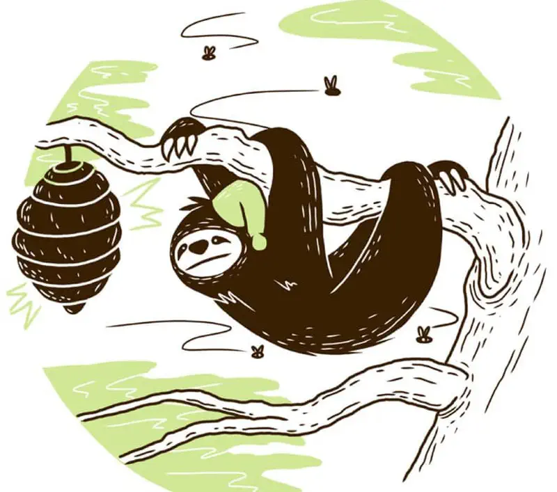 Sloth hanging upside down near beehive with bees buzzing around