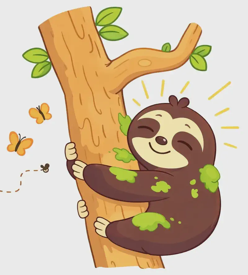 Sloth is on the right side of the image, clinging to a tree branch with a content, sleepy smile, looking relaxed and ready to settle in for a nap. Patches of green moss are still visible on Sloth's dark brown fur. Sloth hugs the trunk with all four limbs, nestled against the bark with green leaves sprouting around the branches. Small butterflies and insects flutter in the open space to the left, and radiating lines around Sloth suggest a sense of satisfaction at having found the perfect spot. The scene is outdoors in a bright, simple setting with a clean white background on the left side.