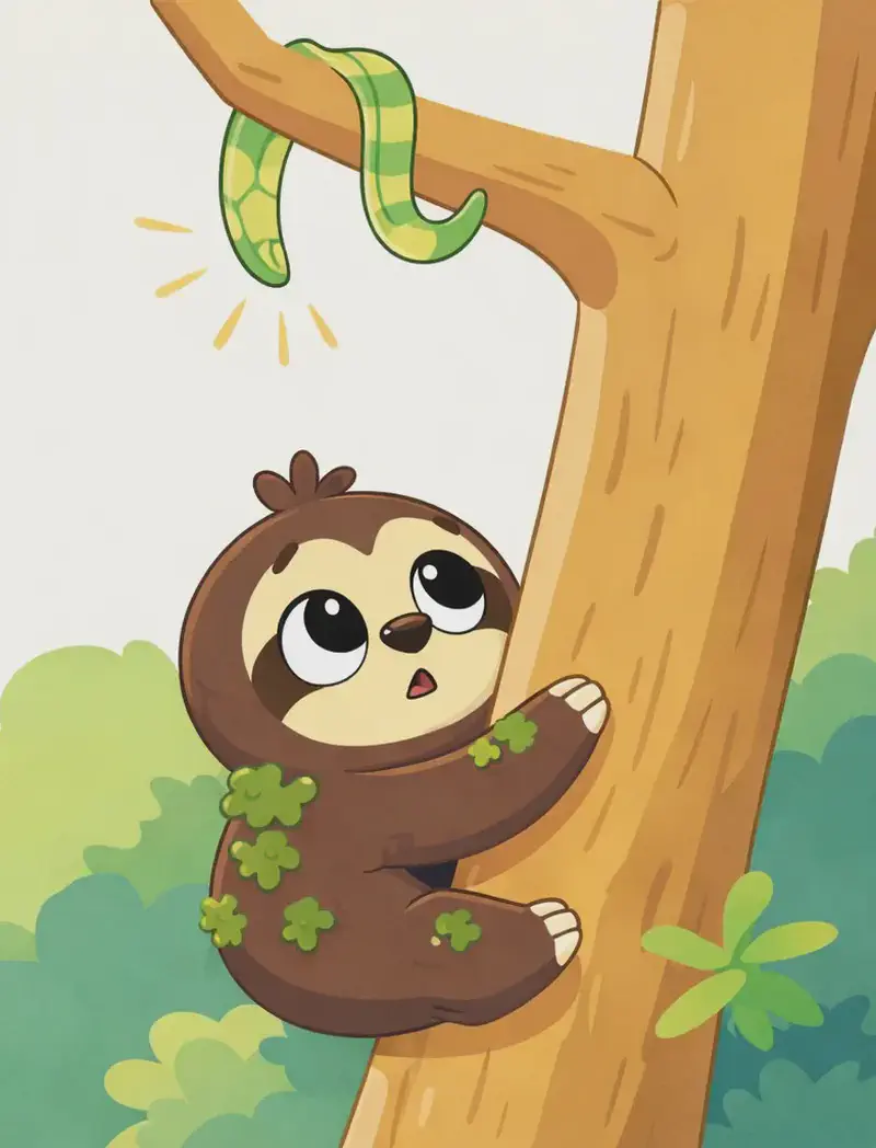 On the right side of the image, Sloth is clinging to a tree trunk, hugging it with all four limbs wrapped around the base, looking upward with a curious, cautious expression. Patches of green moss cling to Sloth's dark brown fur. A tail — belonging to Snake — is visible draped along a branch above, with small radiating lines drawing attention to it, matching the text's clue about spotting "a tail on the branch." The scene is set outdoors against a plain white background with light green foliage accents on the left.