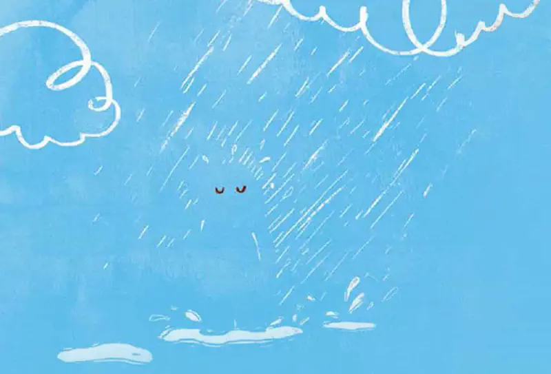 Invisible girl with only closed eyes visible standing in rain with white clouds and puddles splashing