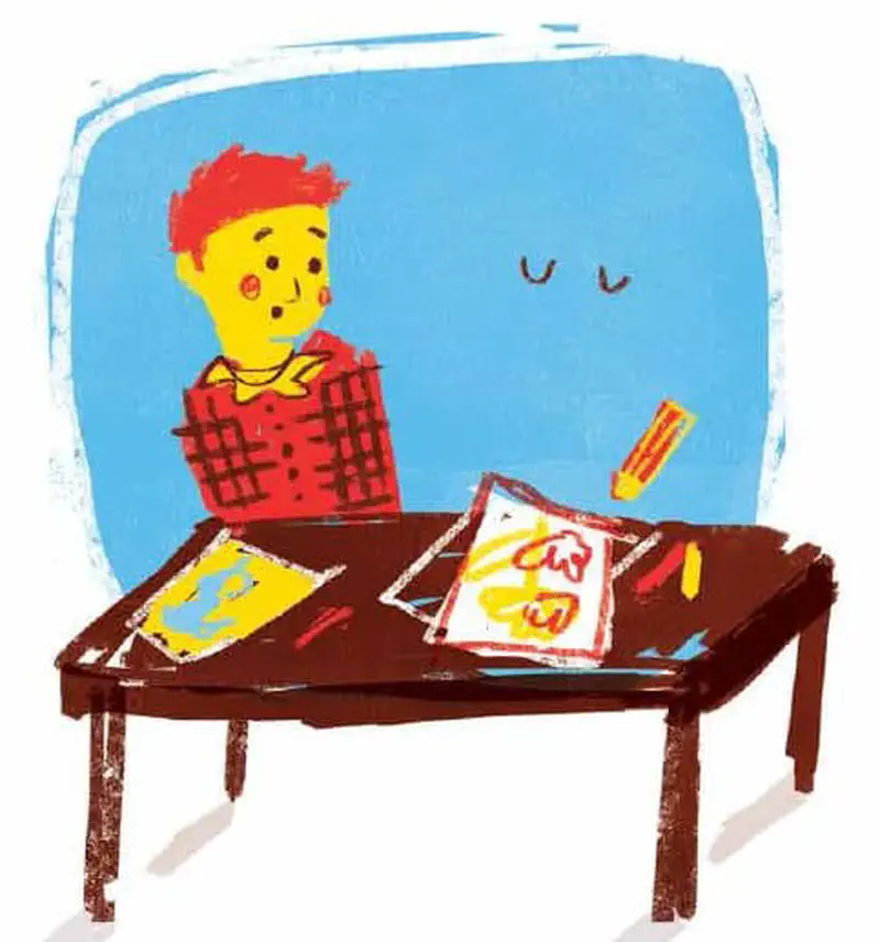 Red-haired boy at desk looking surprised at floating paper and crayons with invisible friend