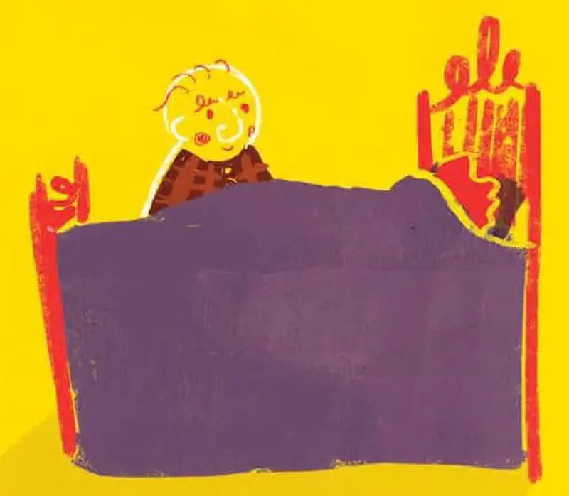 Grandad sitting alone on red bed in yellow room continuing the bedtime story