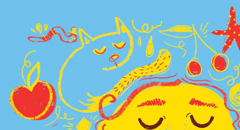 Yellow girl with closed eyes dreaming with whimsical doodles of cat heart starfish and apples on blue background