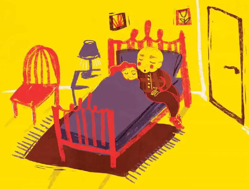 Bedroom scene with grandad sitting on red bed telling story to girl with lamp and door