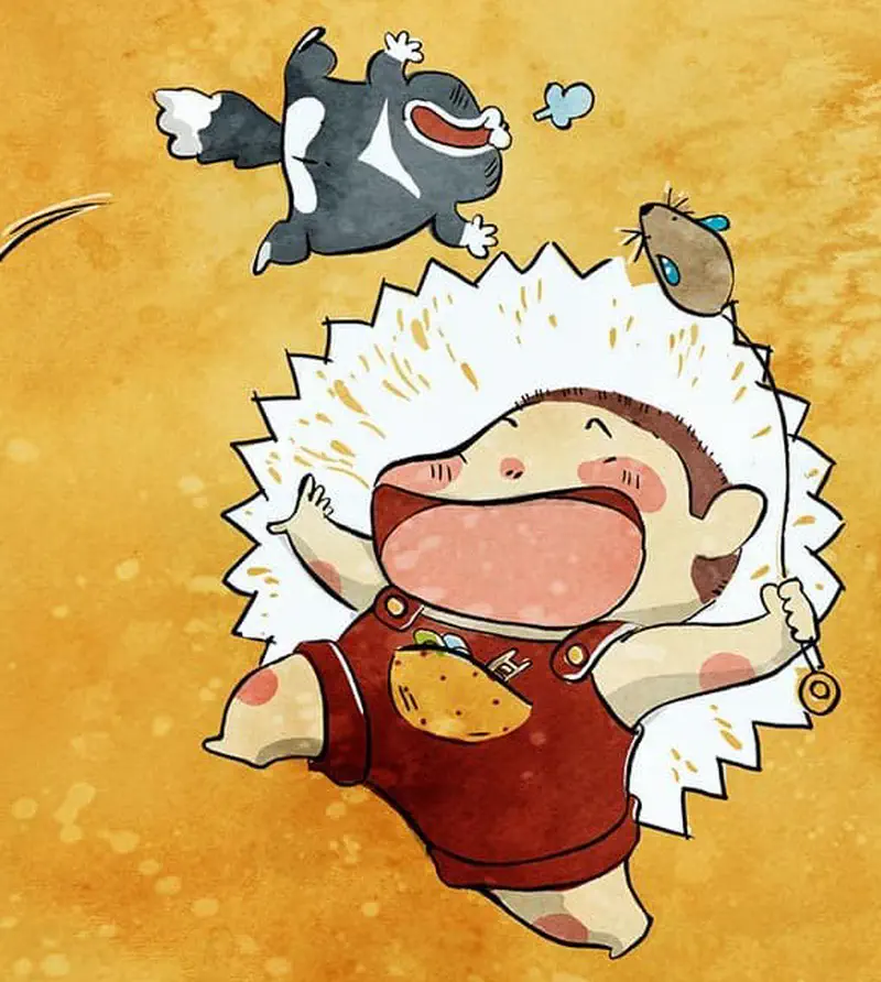 Happy child jumping with cat and toy against orange background with joyful expression