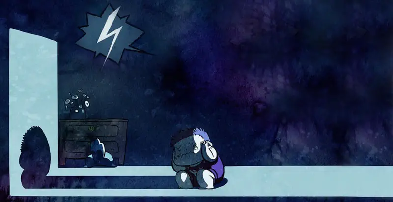 Scared child covering ears during thunderstorm in dark hallway with lightning bolt symbol