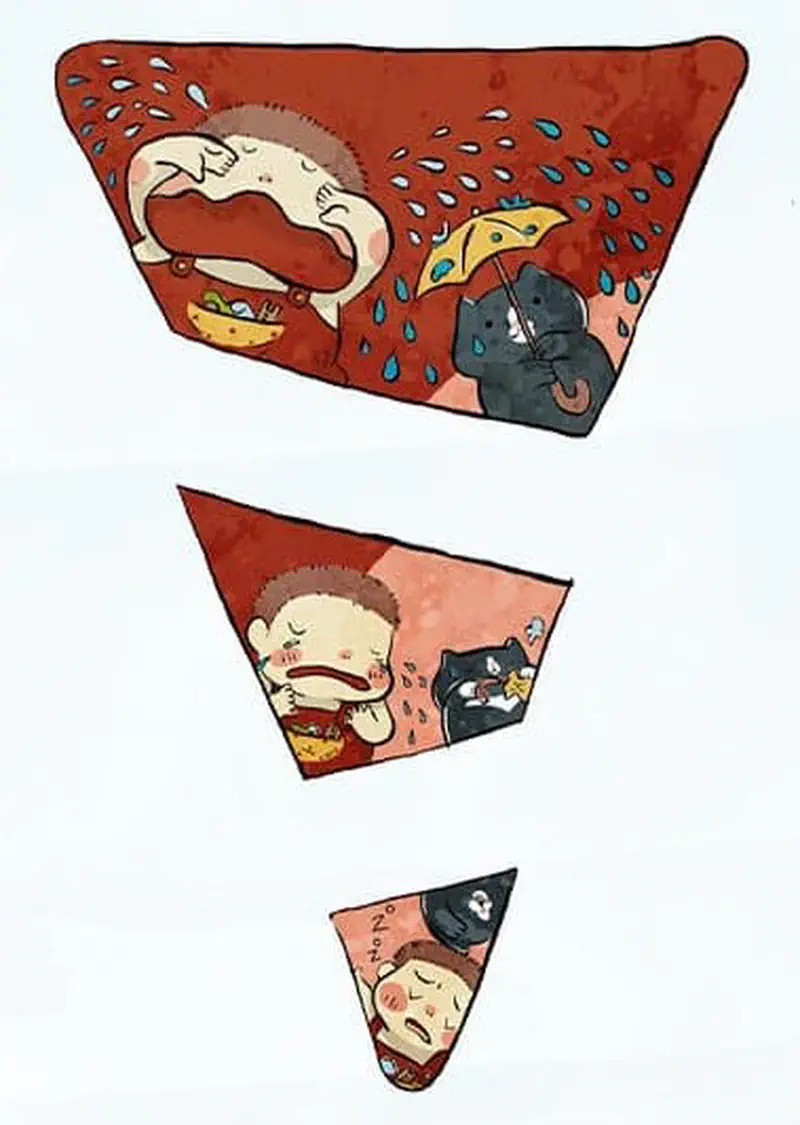 Three triangular panels showing child under blanket during thunderstorm with cat getting smaller