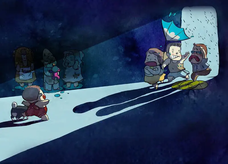 Child and cat running toward family rushing in from rain with umbrella in dark room