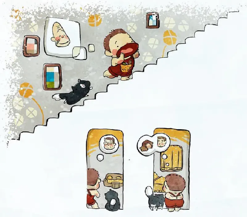 Child walking down stairs with cat past family photos while imagining friends visiting rooms below