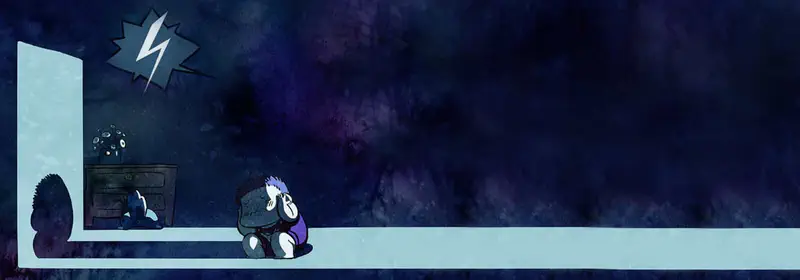 Frightened child crouching in dark L-shaped hallway covering ears during thunderstorm with lightning bolt and cat hiding behind dresser