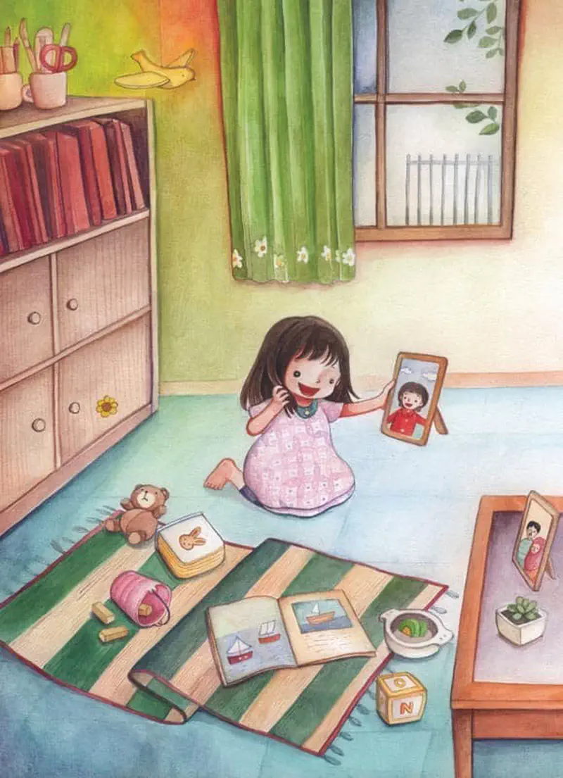 Girl in pink dress sitting on rug in bedroom looking at photo of her mum with short hair