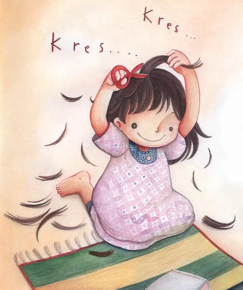 Girl cutting her own long dark hair with red scissors surrounded by fallen hair clippings