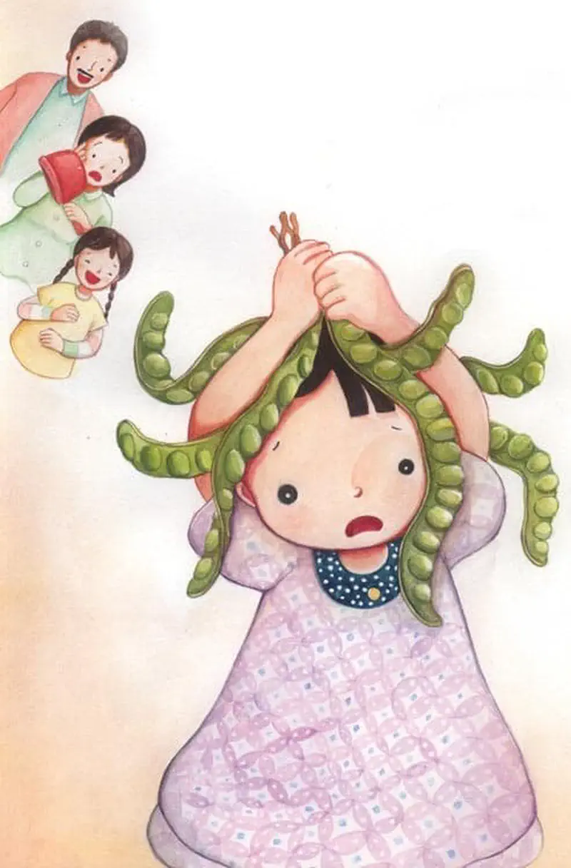 Girl with green bean pods stuck in her hair as fake long hair while family laughs behind her