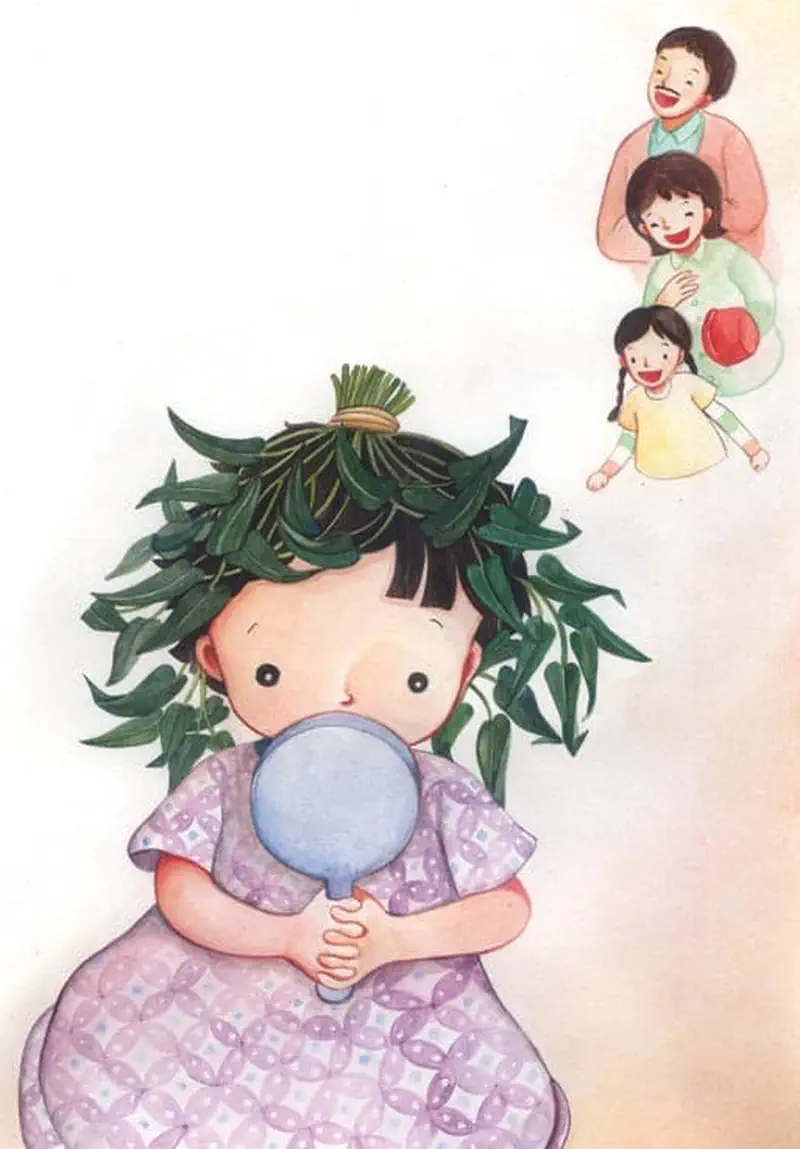 Girl holding mirror looking at green leaves tied in her hair while family giggles in background