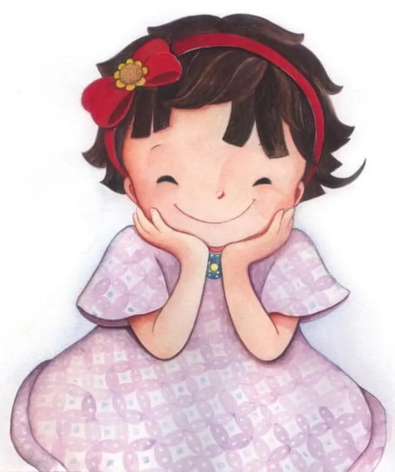 Happy girl with short hair wearing red headband and flower bow smiling with hands on cheeks