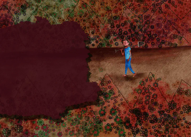 Man in blue clothes walking with shovel through colorful flower garden from above