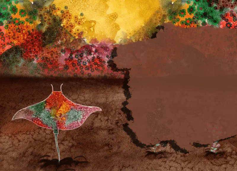 Colorful kite-like fish shape in garden with flowers and dug dirt patches after odd day