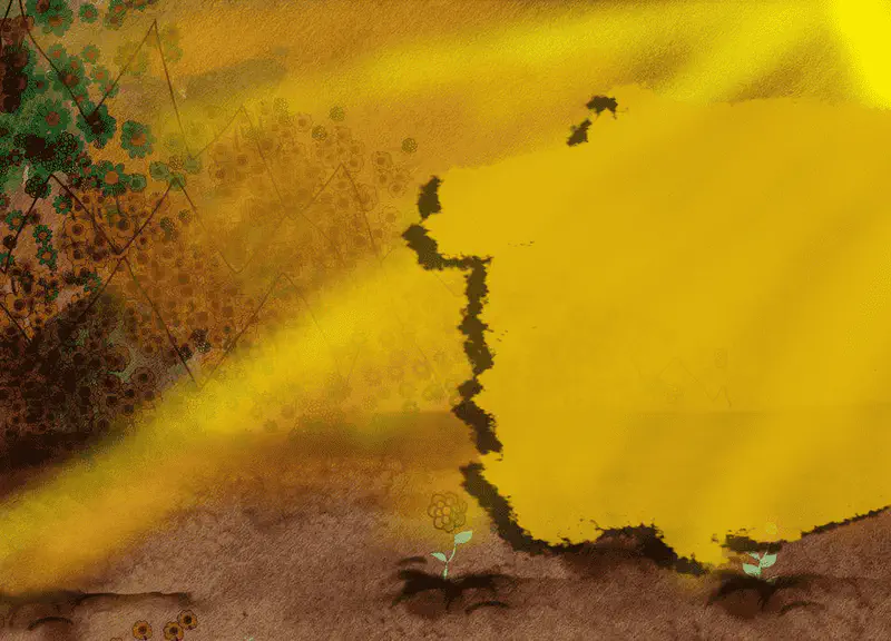 Bright yellow sun shining over garden with small sprouts growing in freshly dug dirt