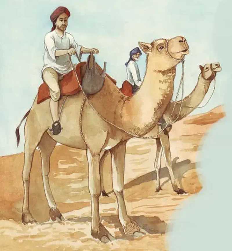 Two men riding camels through desert landscape with sandy dunes in background