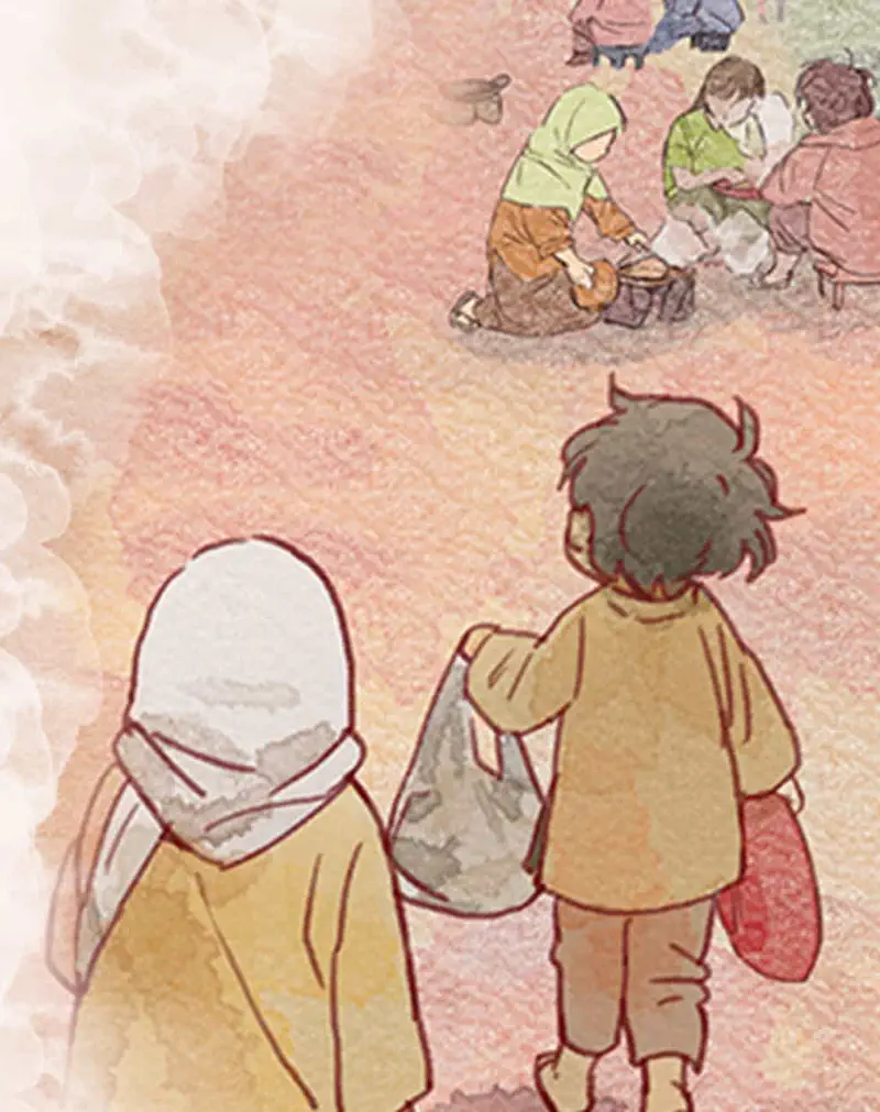 Grandmother and boy from behind walking toward families cooking outdoors in village