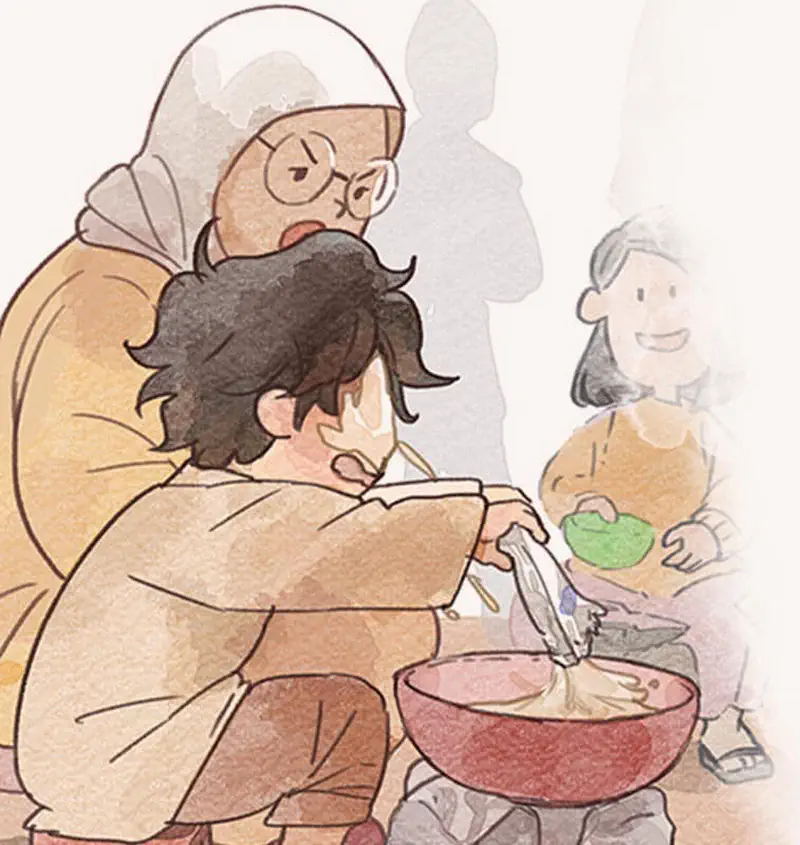 Grandmother helping boy pour batter into mixing bowl while another child watches