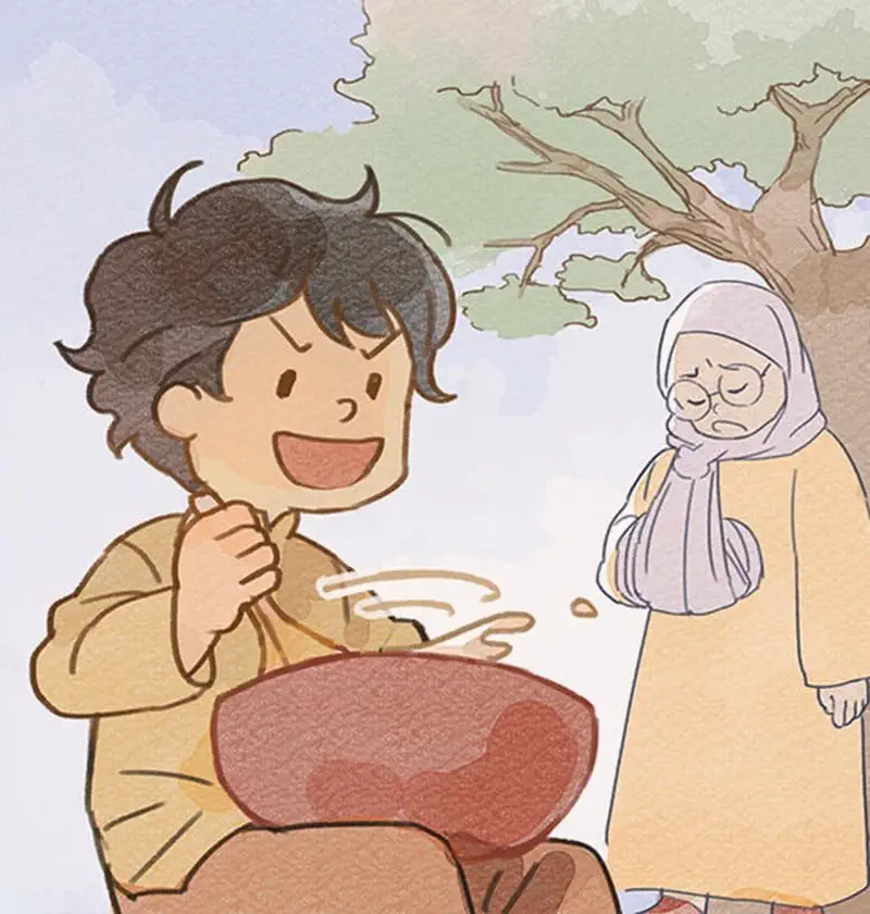 Happy boy stirring large bowl outdoors while tired grandmother watches under tree