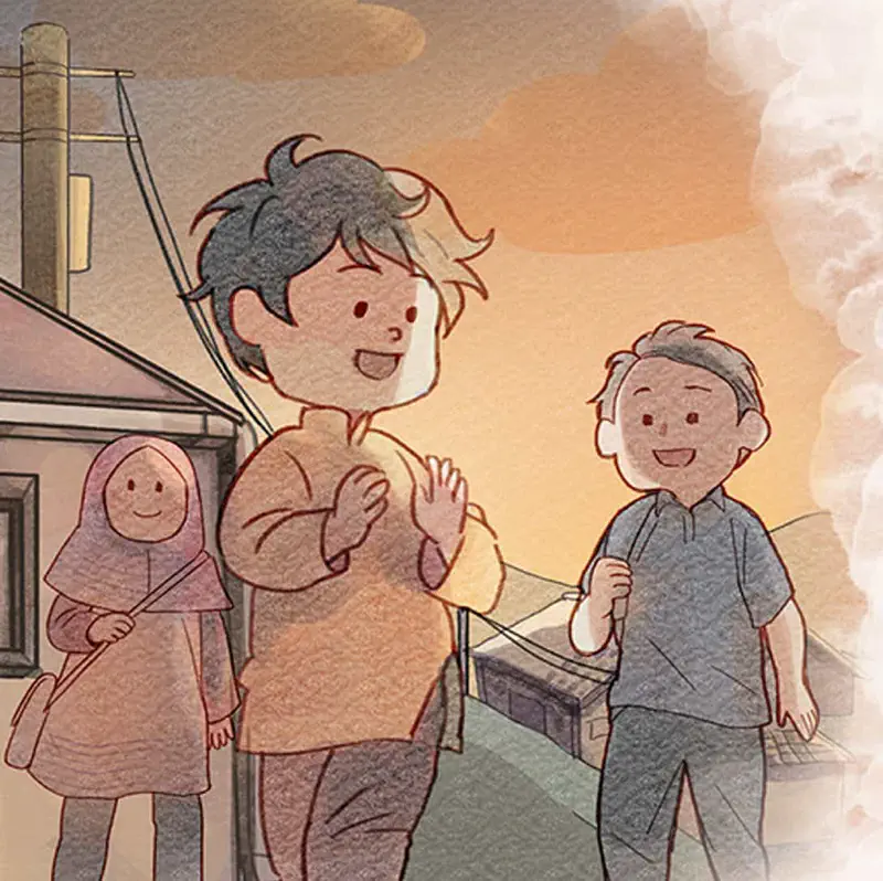 Two side-by-side images of boy cooking over fire showing happy then worried expressions