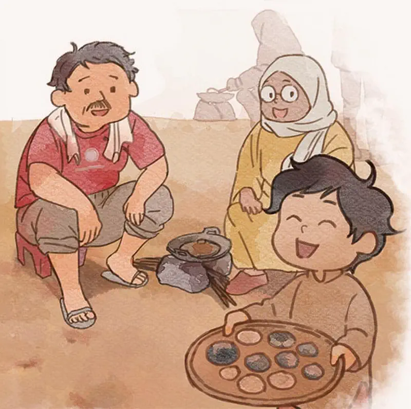 Three children happily walking through village at sunset with girl in hijab waving