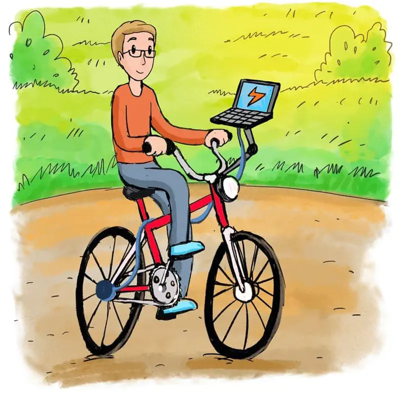 Boy with glasses riding red bicycle with laptop mounted on handlebars showing charging symbol