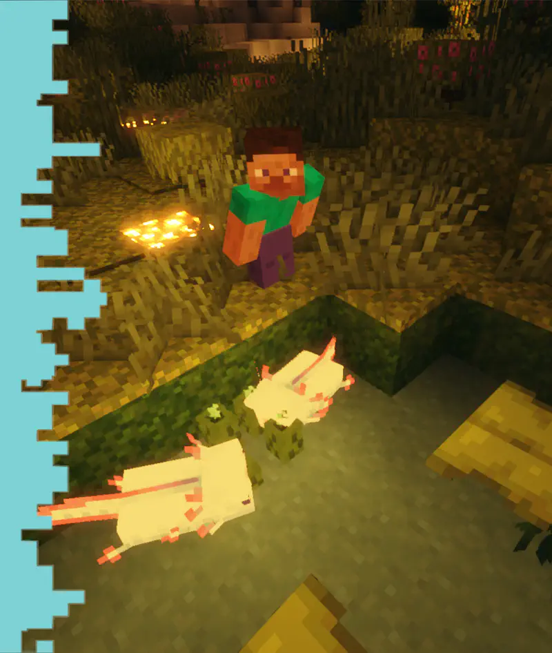 Minecraft Alex watching white axolotls in murky cave water