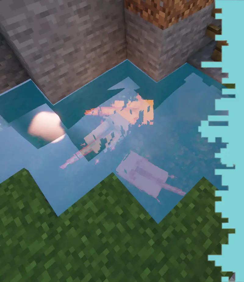 Pink and gold axolotls swimming in blue water pool in Minecraft world