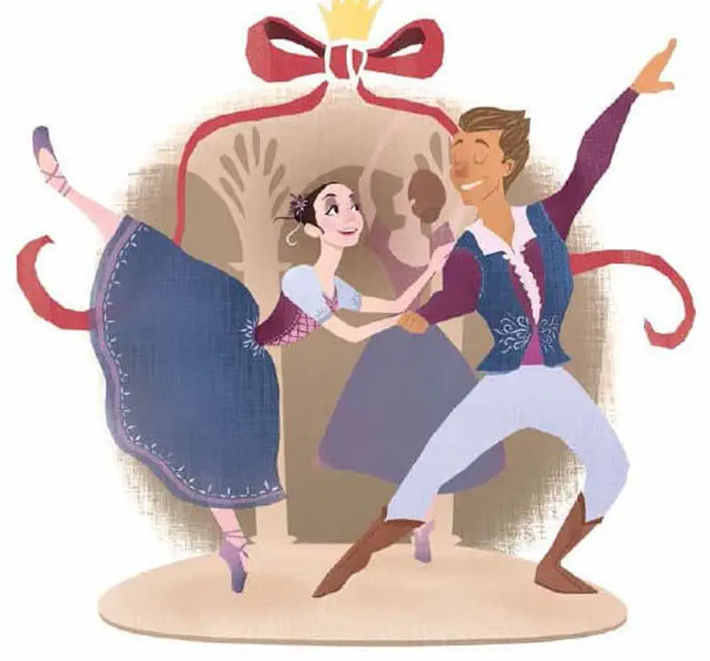 Ballet couple performing pas de deux, woman in white tutu lifted by male partner