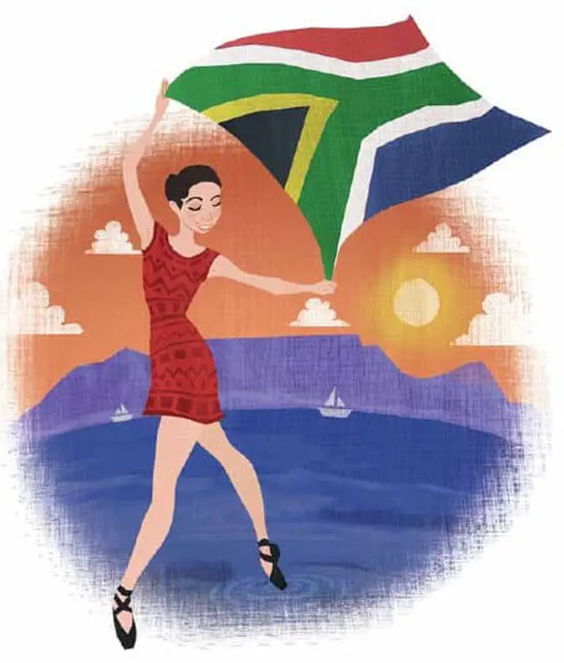 Ballerina in orange costume performing arabesque with South African flag at sunset