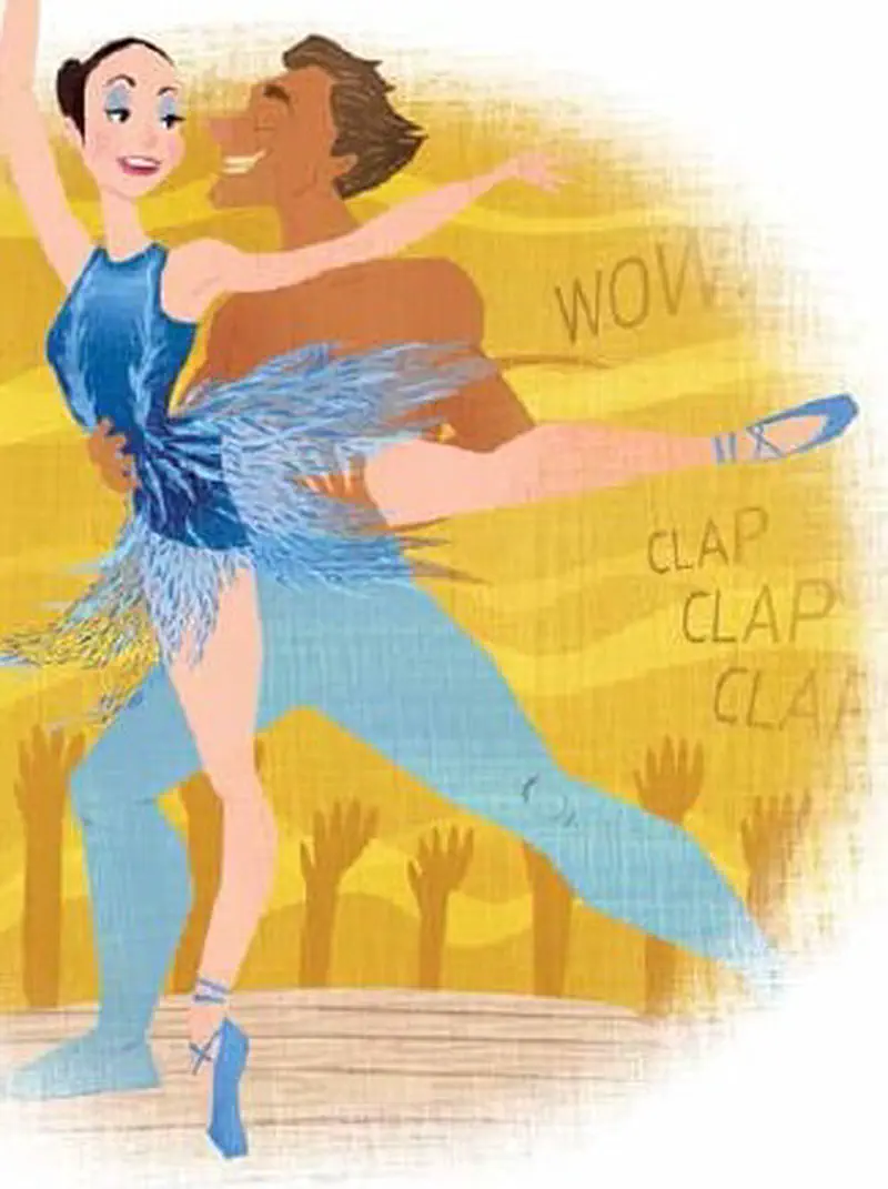 Two ballerinas in blue feathered costumes performing for cheering crowd with raised hands