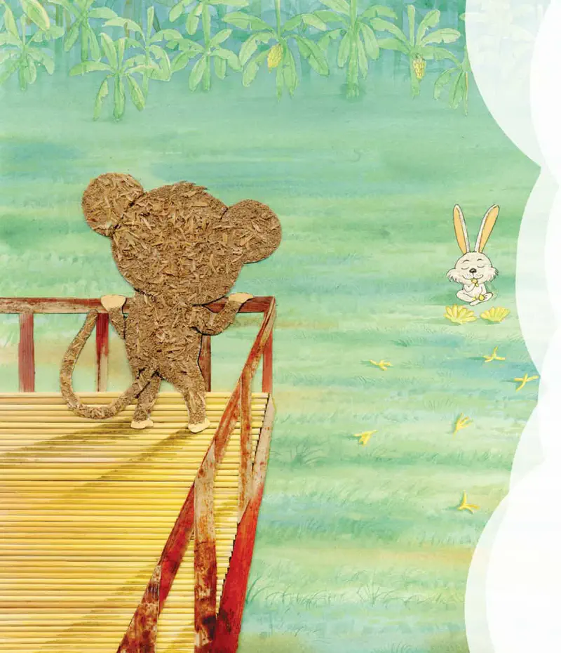 Monkey standing on treehouse balcony looking out at forest