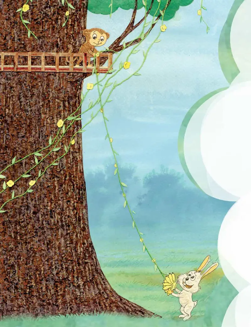 Monkey watches from treehouse as rabbit holds bananas in grass