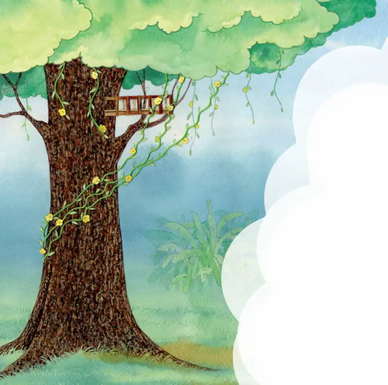 Large tree with treehouse balcony and banana plant below