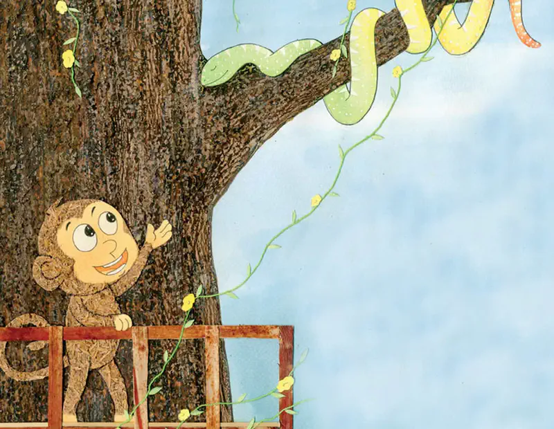 Monkey on treehouse balcony watching bees near yellow hive