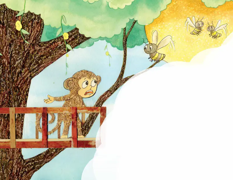 Monkey swinging from vine in treetops looking scared