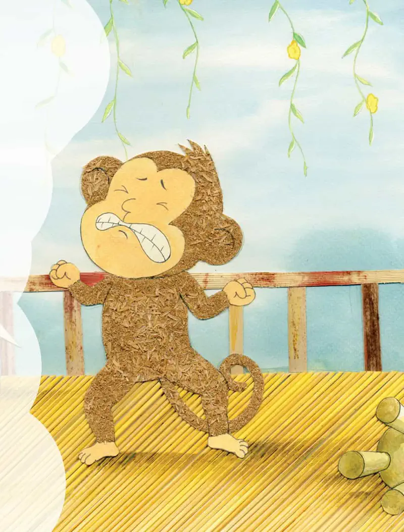 Brown monkey stretching and yawning on bamboo treehouse deck