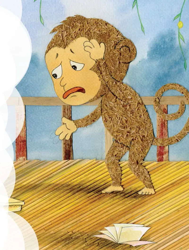 Sad monkey on treehouse deck looking worried with banana peel