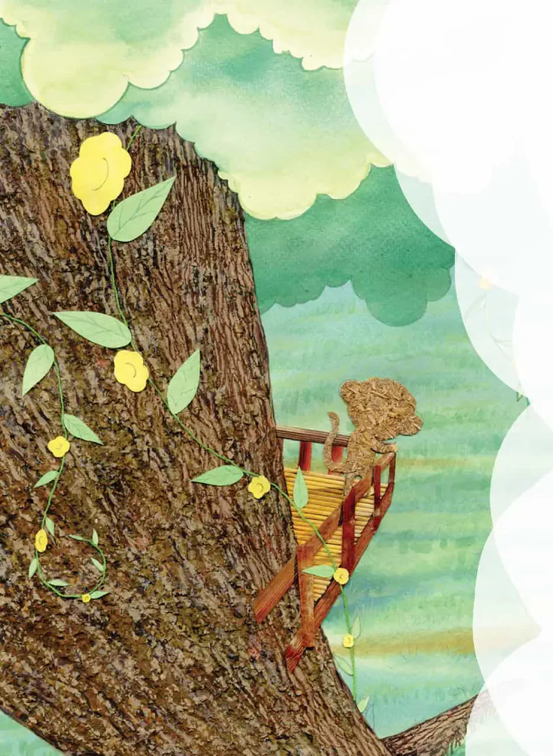 Monkey watches rabbit eating banana happily in green field