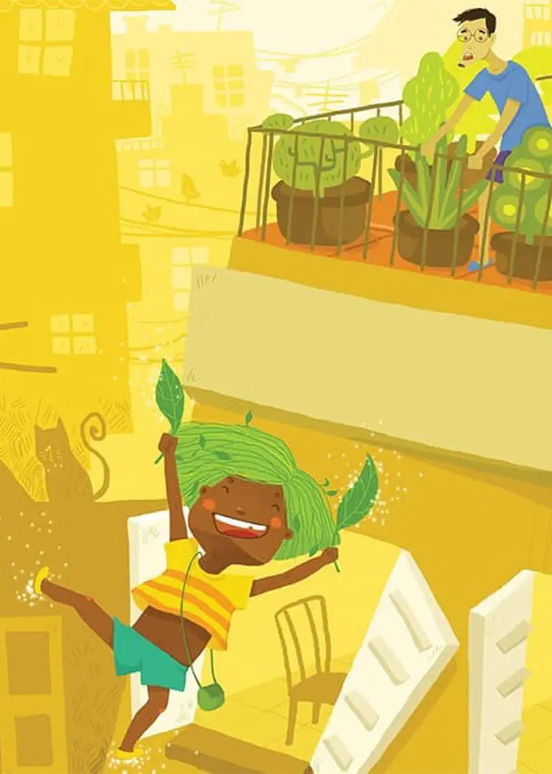 Happy girl with green leafy hair dancing on balcony while dad tends to rooftop garden in yellow city