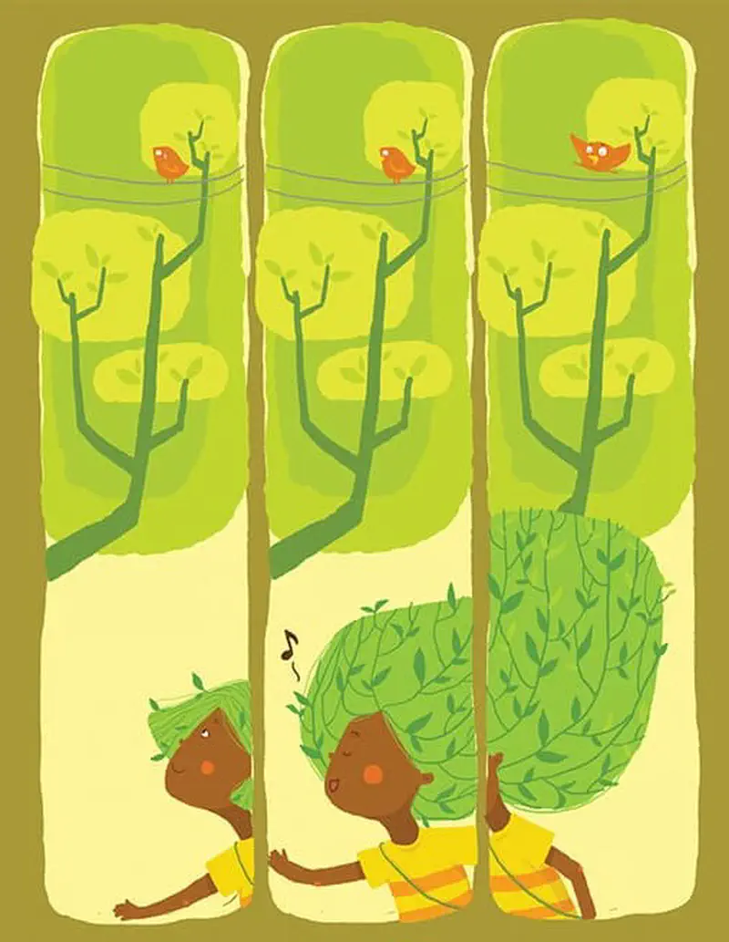 Three vertical panels of trees with orange birds on wires and two children with leafy hair below