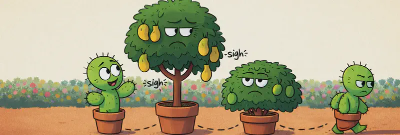 On the right side of the image, Spike is shown multiple times in a sequence — standing in his terracotta pot beside a tall mango tree and a smaller guava bush, both in pots with annoyed, sighing facial expressions. Spike appears with a hopeful but slightly sad expression as he approaches each tree. The scene is set outdoors in a sunny garden yard with a row of colorful flowering bushes in the background and warm reddish-brown ground. A dashed trail on the ground shows Spike's path moving from tree to tree, with one instance of Spike walking away toward the far right looking dejected.