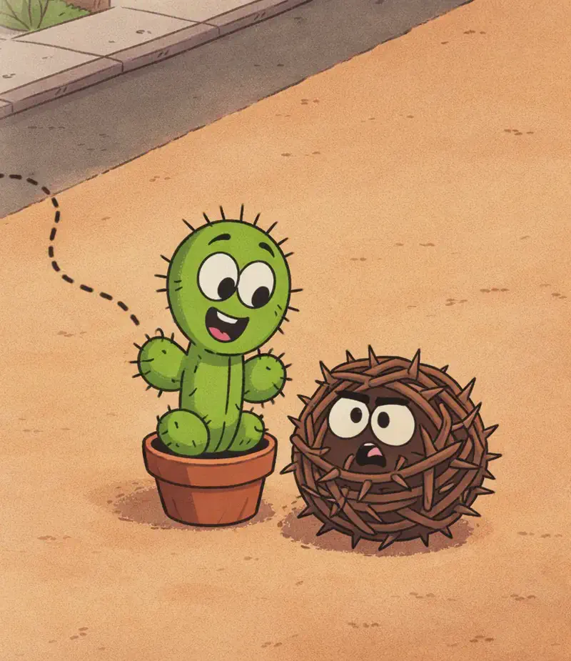On the right side of the image, Spike stands in his terracotta pot on sandy, dry terrain just beyond a road, looking curiously at Thorn bush with a happy, excited expression. A dashed line traces Spike's path from the road across to his current position. Thorn bush sits beside Spike as a round, ball-shaped tangle of dark brown thorny vines with small spikes protruding in all directions, with two large white mismatched eyes and a small open dark mouth, looking back at Spike. The scene is set outdoors in a sandy, arid landscape with a paved road and sidewalk visible in the upper-left corner, along with a hint of greenery near the roadside.