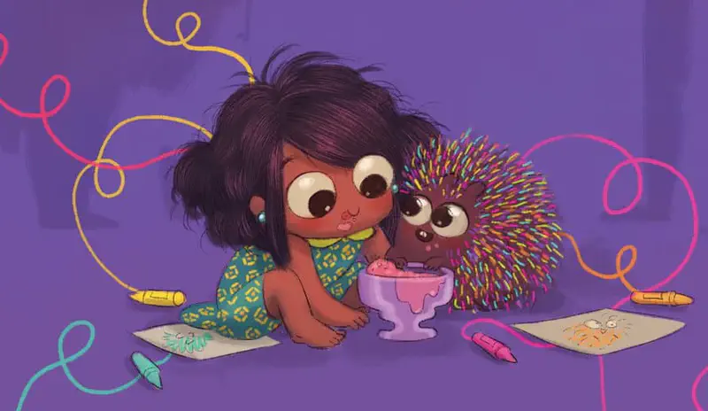 Boy and puppy splashing in blue kiddie pool on sunny day