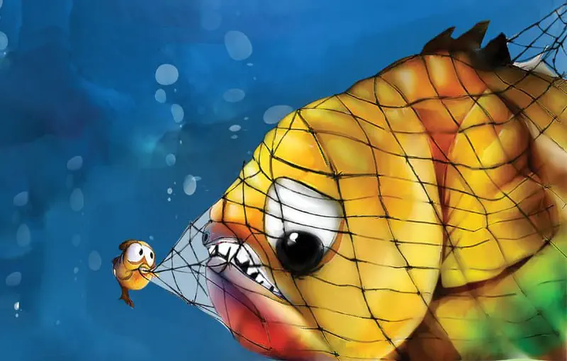 Big yellow fish trapped in a fishing net looking worried while tiny orange fish watches nearby