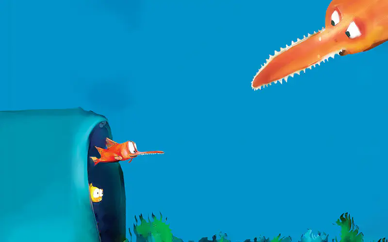 Little fish and big fish playing hide and seek among seaweed